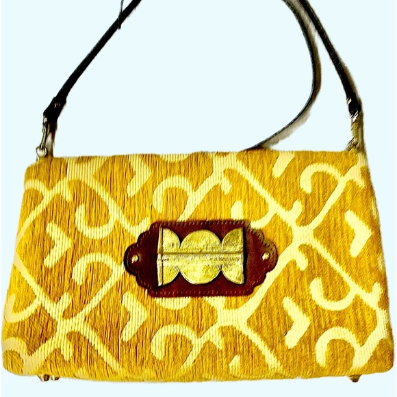 ADD LIBB Gold & Tan Tapestry Leather & Brass Clutch Shoulder Bag - Picture 7 of 9